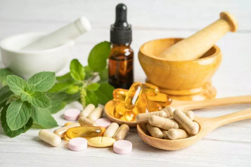 Alternative medicine herbal organic capsule drug with herbs leaf natural supplements