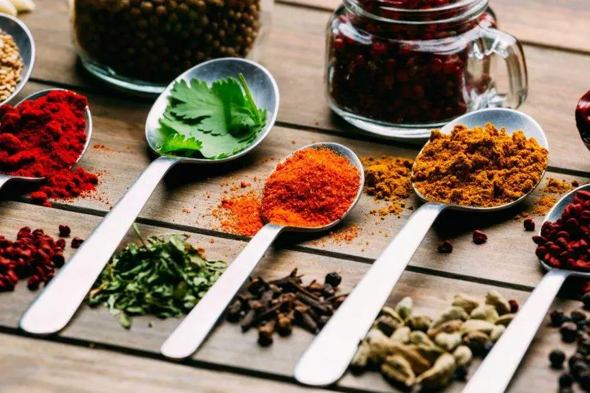 Set of various spices on table